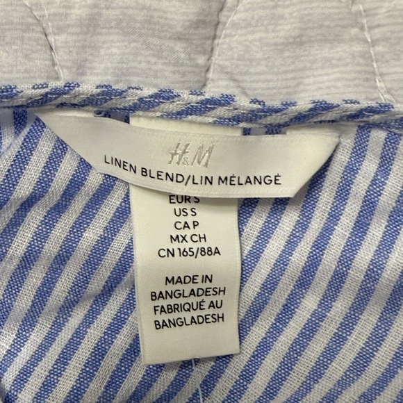 H & M Linen Blend Premium Selection Blue Striped Puff Sleeve Blouse NWT S - Picture 7 of 11